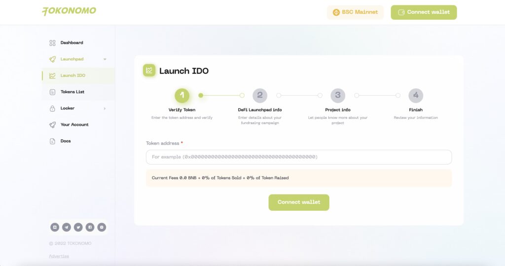 Launch IDO token presale on Tokonomo