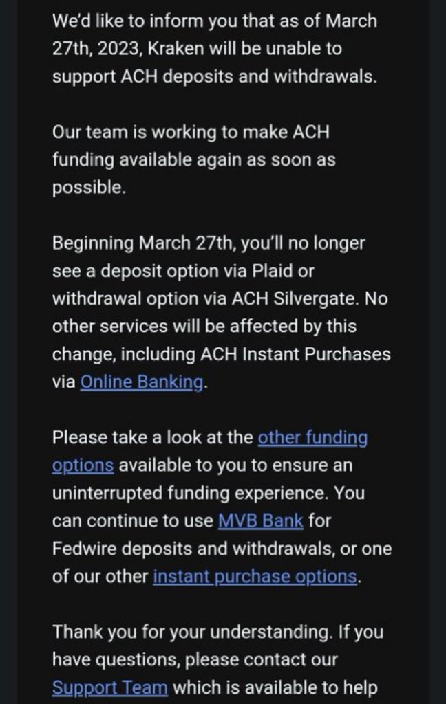 Kraken email about ACH 