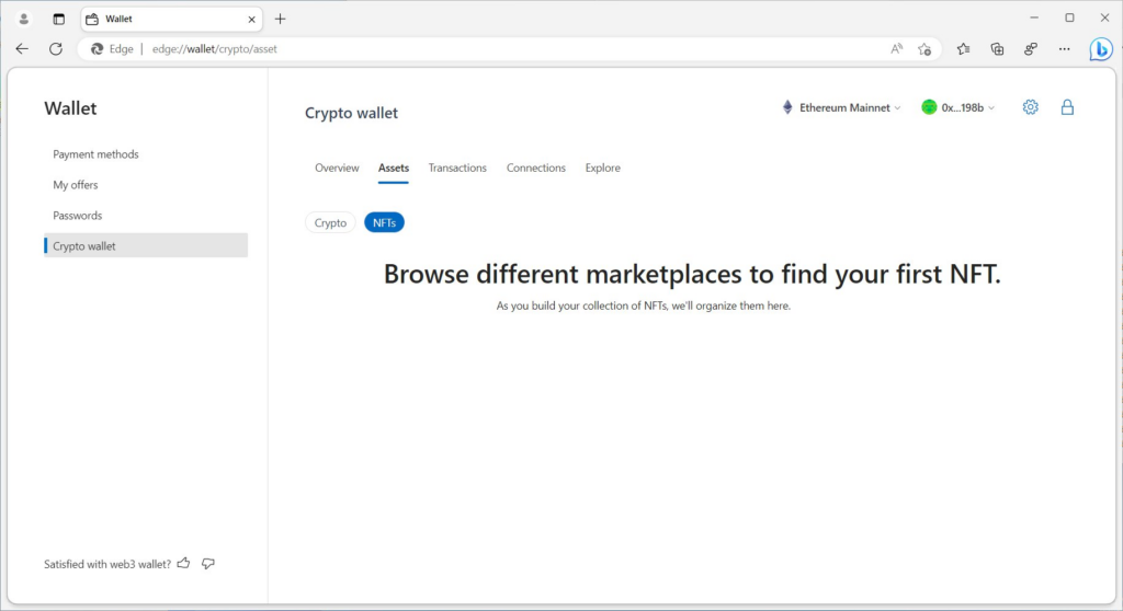 Screenshot of Microsoft Web3 wallet, showing NFT possibilities