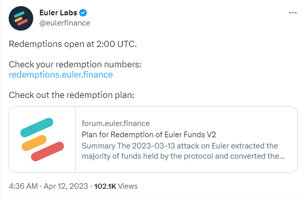 Euler Finance Tweet