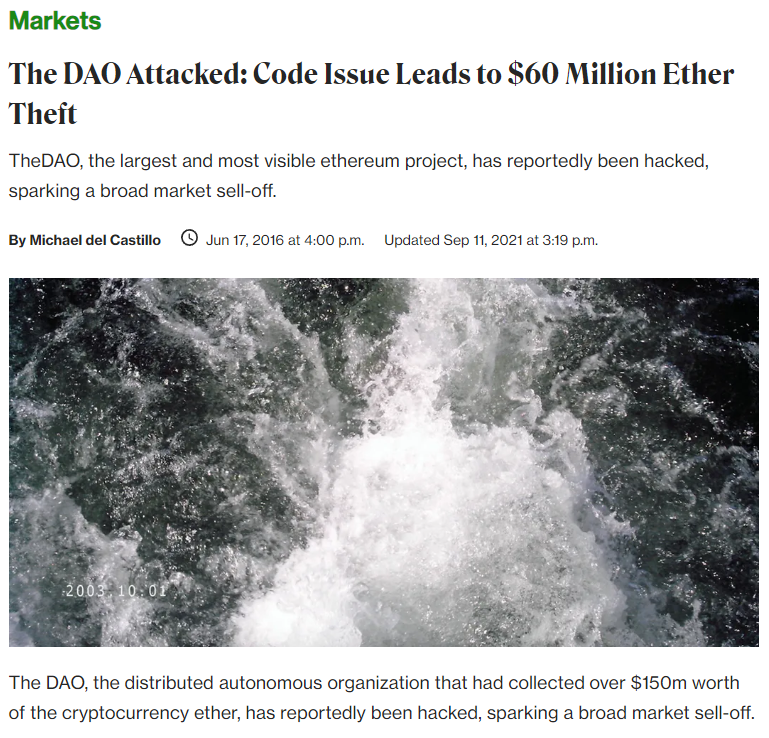 Article About DAO Hack in 2016 by CoinDesk